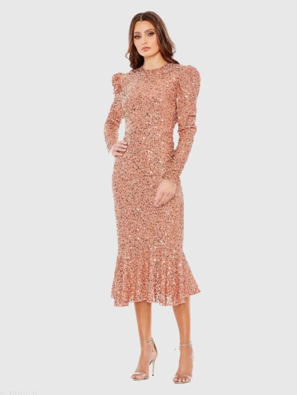 Mac Duggal Rose Gold Sequin Midi Dress